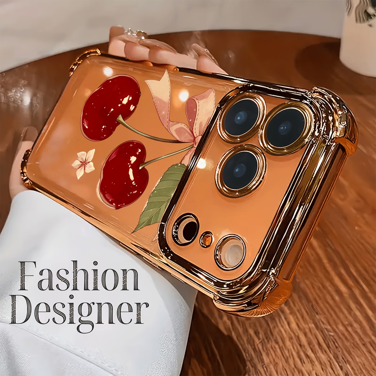 TEMU Phone Case: A Trendy Designer-style Plated Transparent Shockproof Soft Full-coverage Tpu Phone Case With Cherry Floral Bow Pattern, Compatible