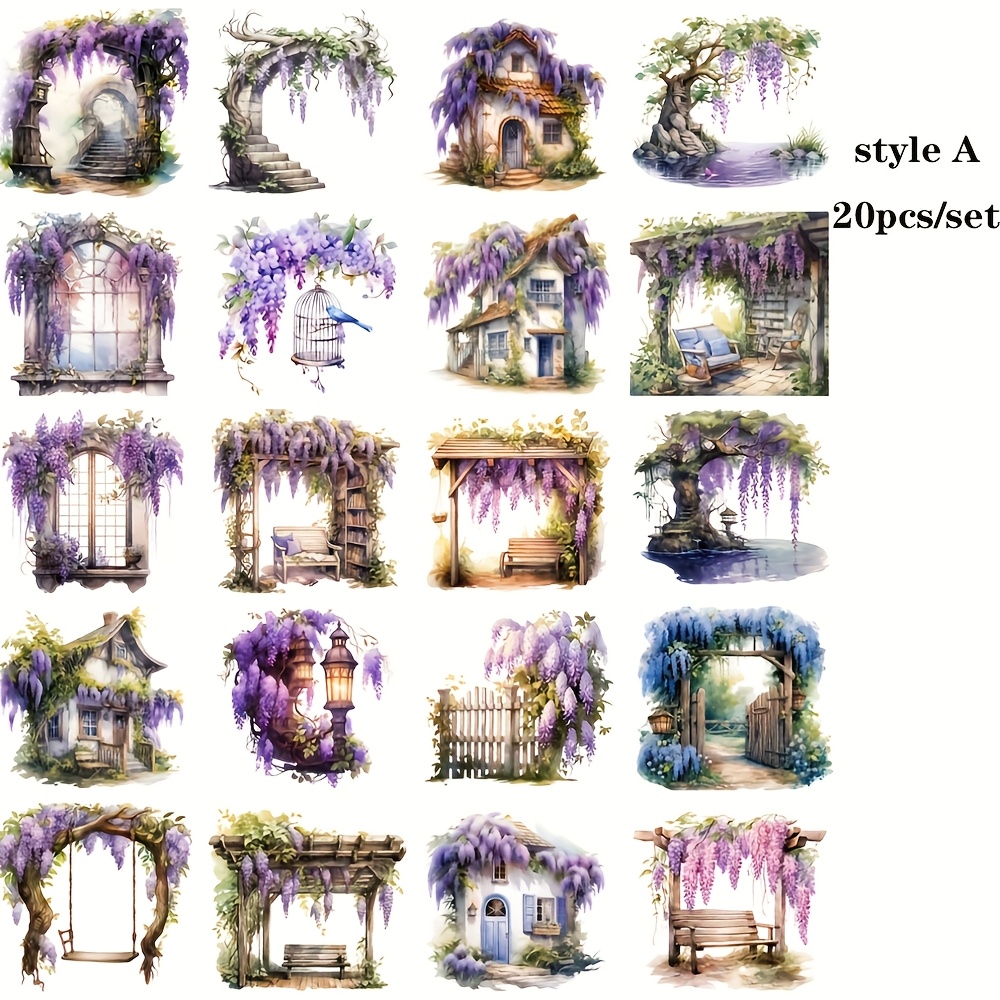 TEMU 20pcs/set Vintage Wisteria Purple Flower Stickers, High Quality Diy Decorative 2d Flat Stickers For Notebooks, Albums, And Journals, Stationery