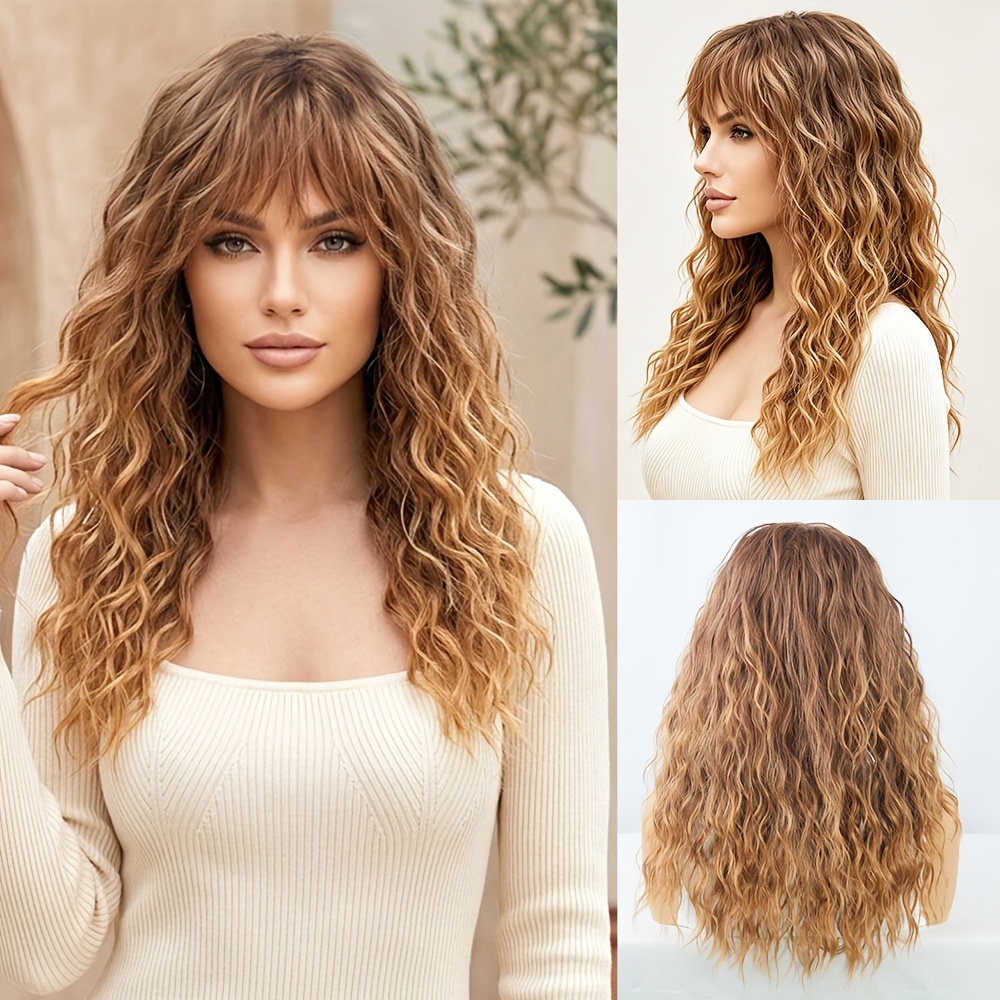 TEMU Perruques de costume longues bouclées ombre marron avec frange pour femmes, perruque d'Halloween facile à pour débutants, perruque synthétique