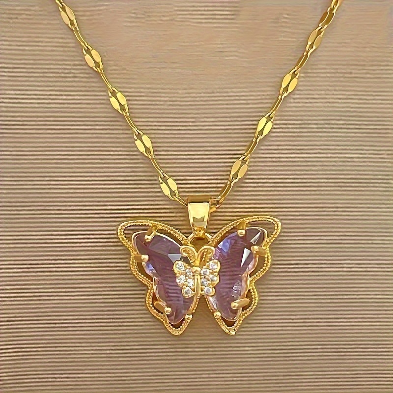 TEMU Exquisite Fashion Shiny Purple Butterfly Pendant Necklace, Perfect Gift For Men Women
