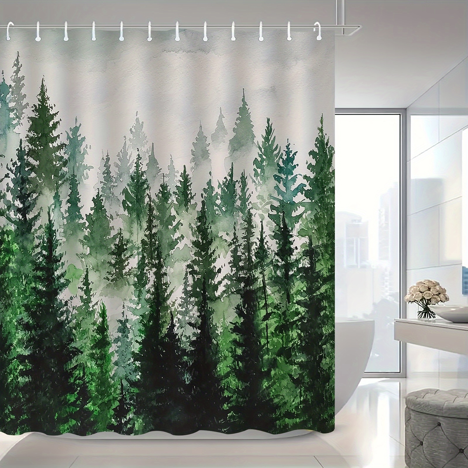 

Forest Tree Pattern Water-resistant Polyester Shower Curtain Set With 12 Hooks, Machine Washable Knit Fabric Bath Curtain For Home Bathroom Decor, Nature-themed Room Partition