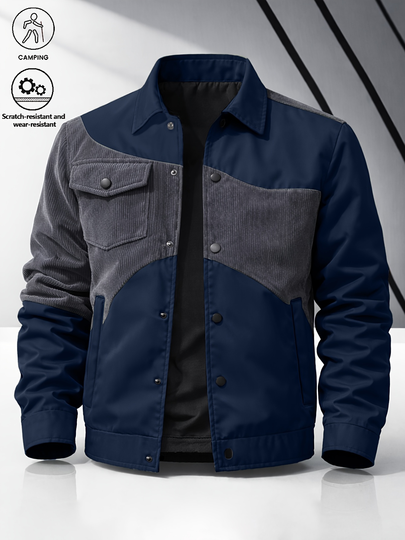 Mens Lapel Jacket Corduroy Color Block Trendy