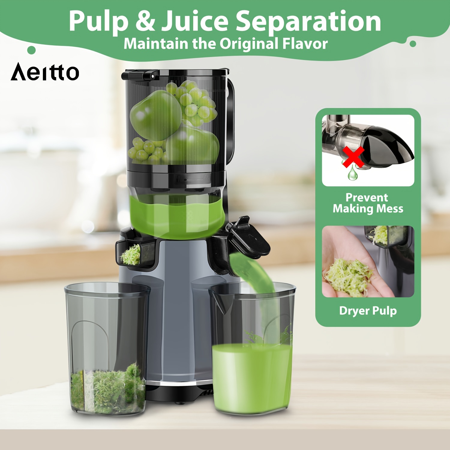 

Aeitto Juicer Machines, Cold Press Juicer With 5.3" Extra Large Feed Chute, 1.7l Large Capacity, 250w Whole Fruit Juicer For Vegetable And Fruit, Easy To Clean With Brush, High Juice Yield, Grey
