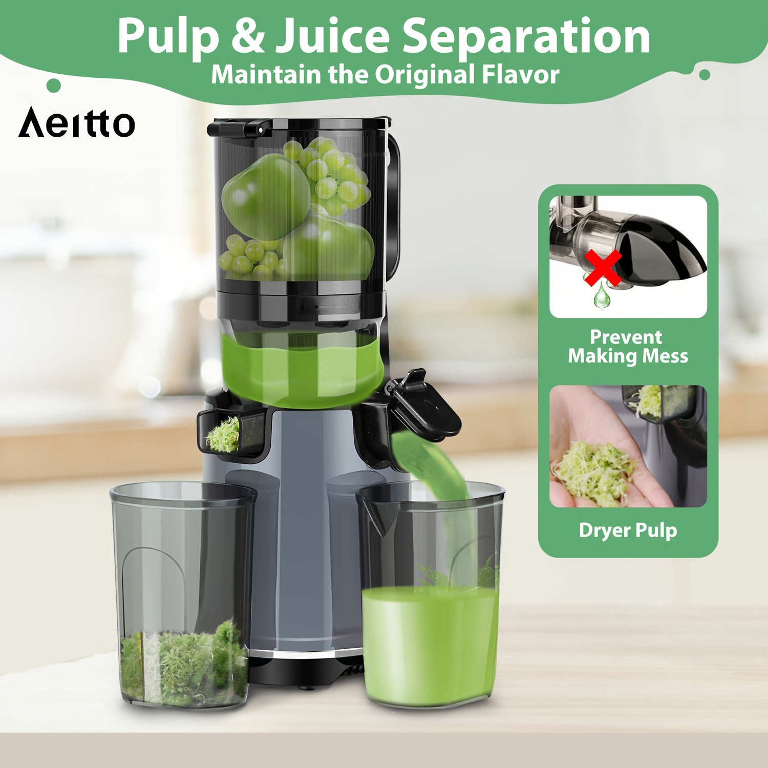 

Aeitto Juicer Machines, Cold Press Juicer With 5.3" Extra Large Feed Chute, 1.7l Large Capacity, 250w Whole Fruit Juicer For Vegetable And Fruit, Easy To Clean With Brush, Yield