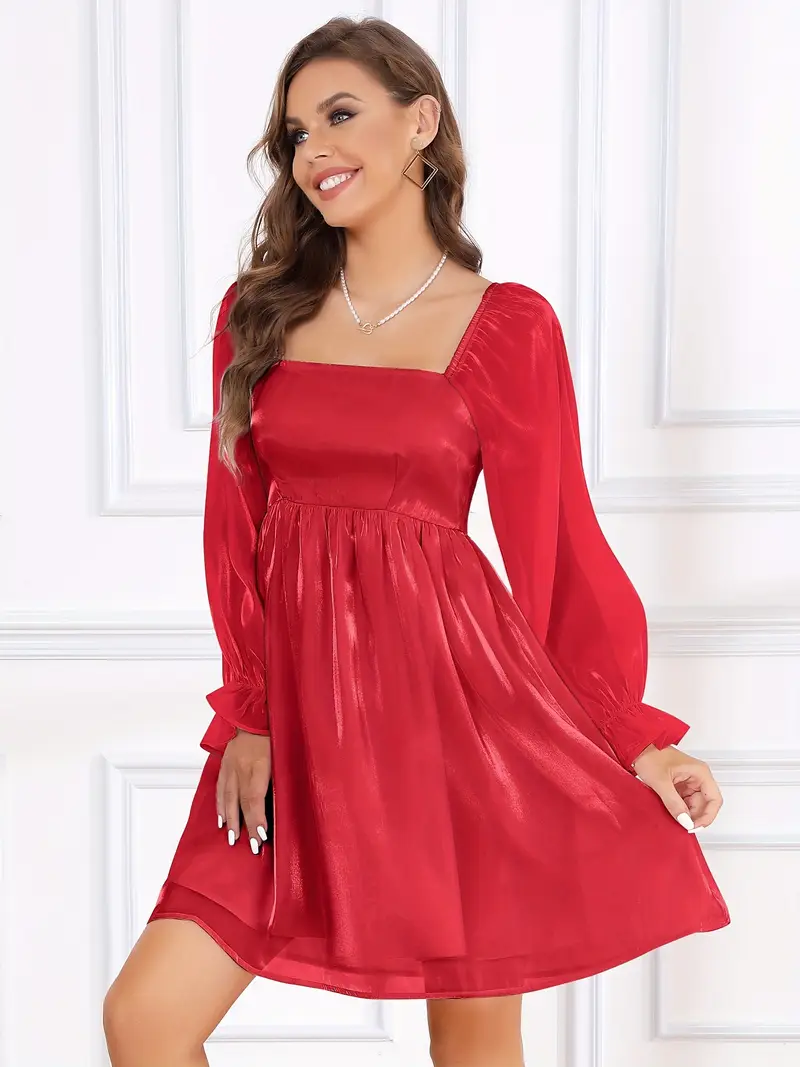 silky satin square neck puff sleeve babydoll mini dress Women's Plus Size Tulle Dress Square Neck Puff Sleeve Puffy Babydoll Mesh Mini Dress Pink XL