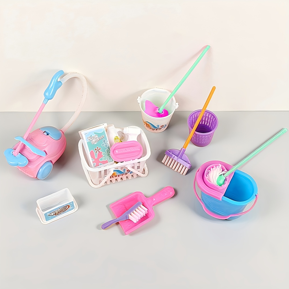 TEMU 1 Set Miniature Dollhouse Cleaning Supplies - Colorful Bucket, Mop, Dustpan, Brush, Broom - Cute Household Tools For Dollhouse Decor, |