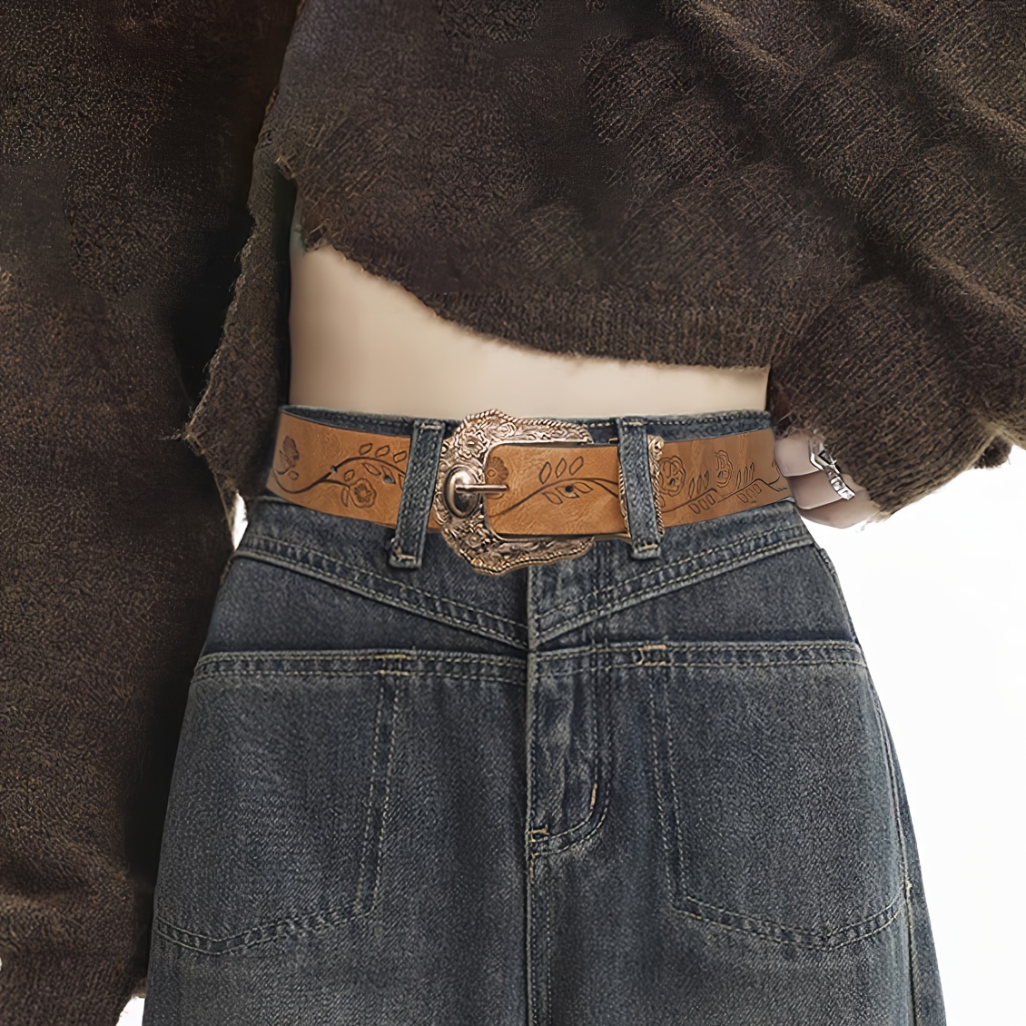 Western Carved Leather Belts Vintage Hollow Boho Waist Belt - Temu