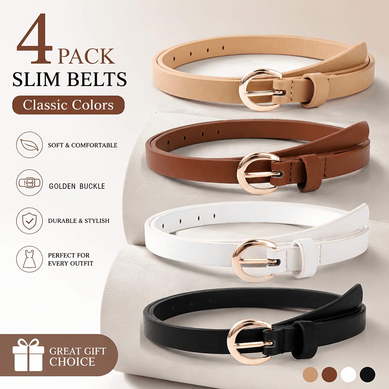 TEMU 4pcs Women's Elegant Minimalist Belt, Women's Belt Set, Pin Golden , Thin Belt, Dress Belt, Leopard Print Belt, Easy Versatile Jeans, Pants,