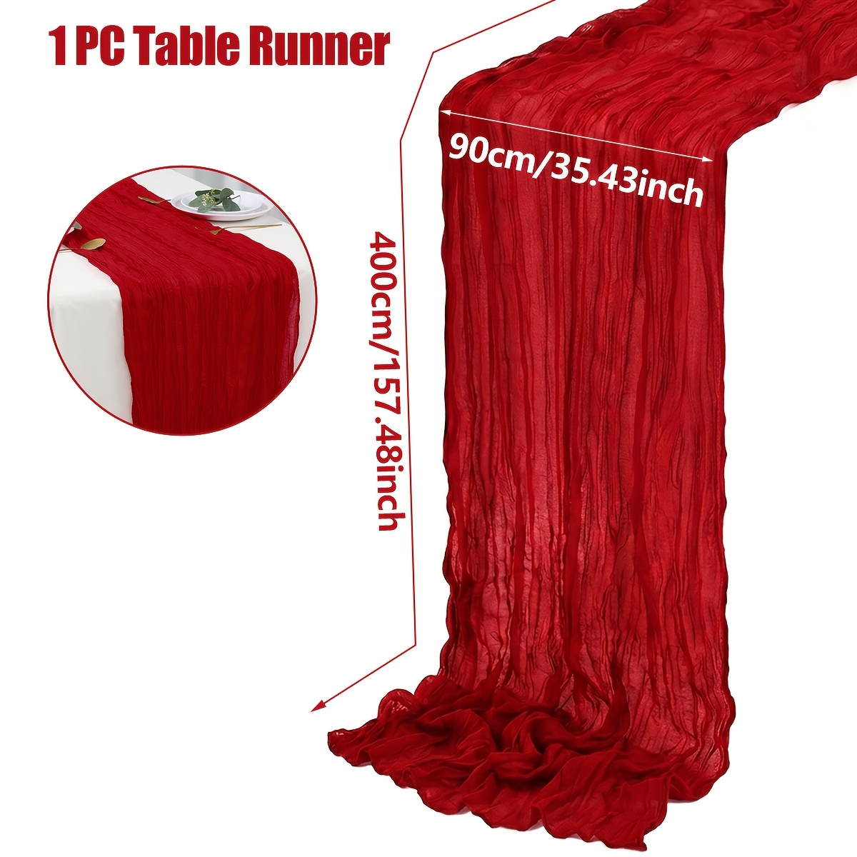 TEMU 1pc, Christmas Red Cheesecloth Table Runner, Elegant Crinkle Gauze Tablecloth, Table Decor For Dining Table, Xmas Party Decor, Table