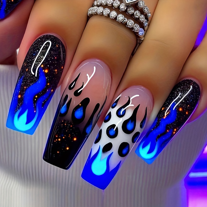 TEMU 24pcs Faux Ongles Longs Carrés à Presser, Motif Flamme Bleue, Ongles Artificiels Amovibles et Lumineux