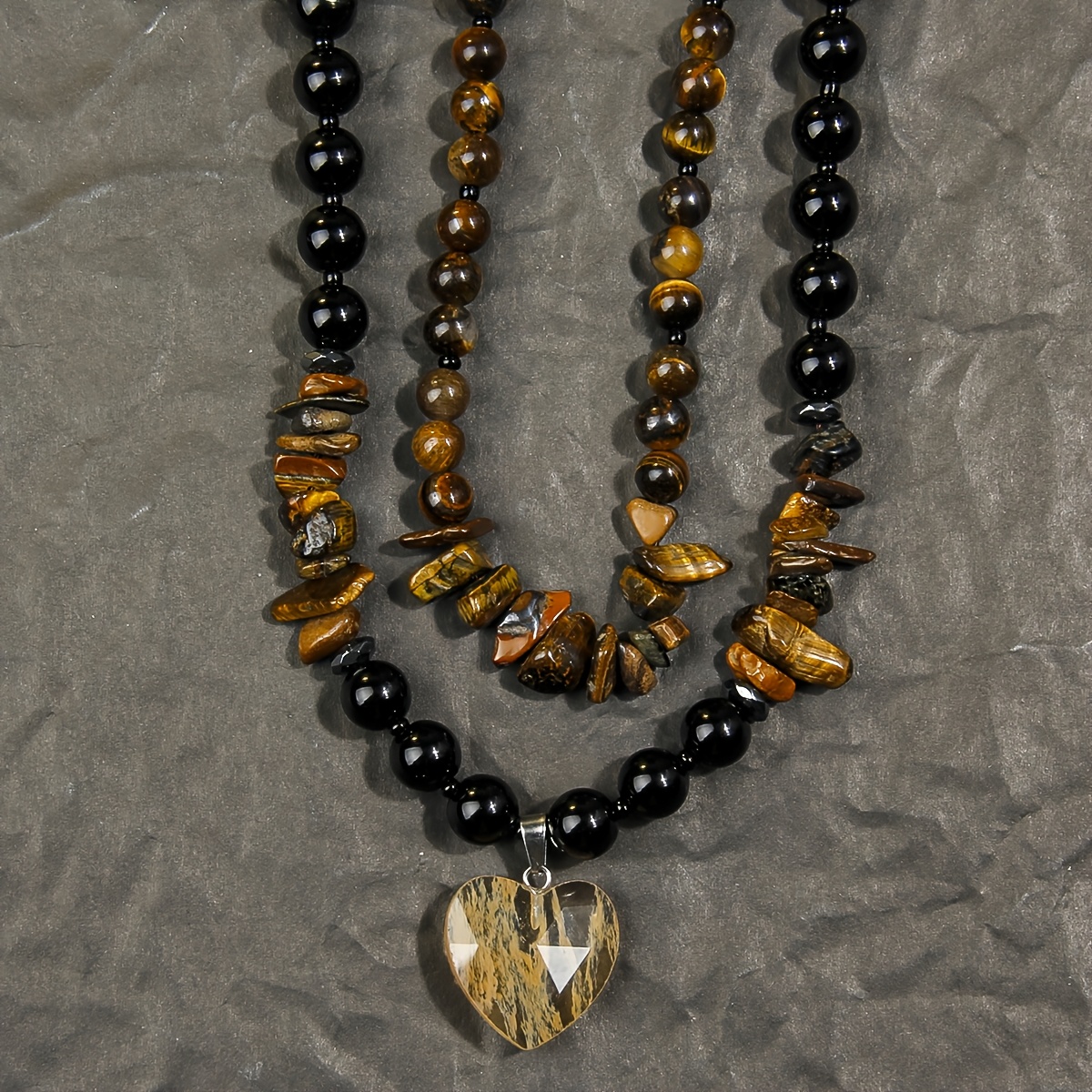 Women's Layered Long Necklace with Natural Stone Heart Pendant