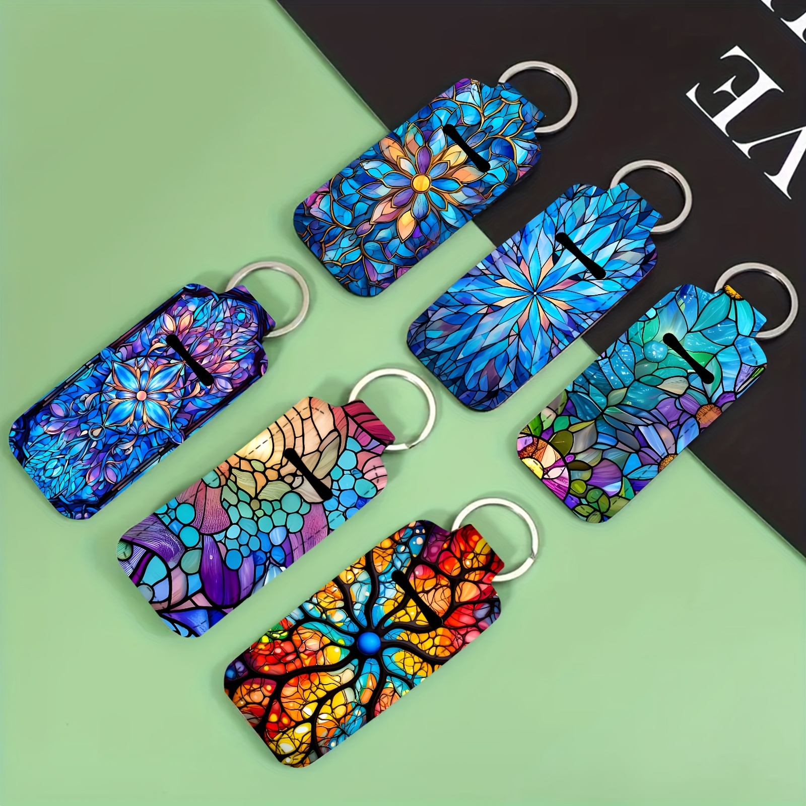 

6pcs Vibrant Stained Glass-inspired Chloroprene Rubber Lip Balm Keychains - , Moisturizing Lipstick Holder Pouches With For Travel & Outdoor Use - Perfect Gift