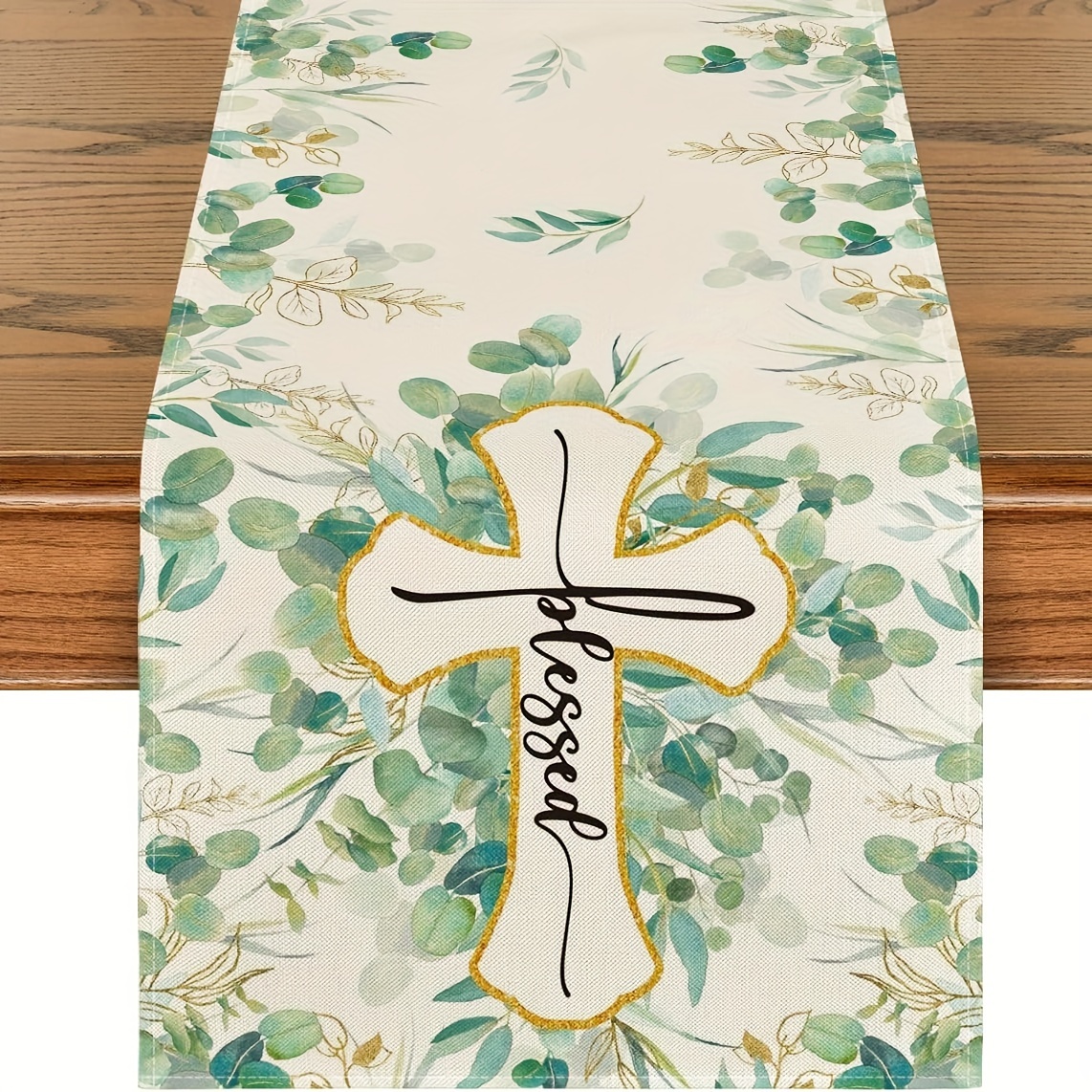 

1pc, Blessed Cross Eucalyptus Table Runner, Spring Summer Seasonal Kitchen Dining Table Decoration For Home Party Decor