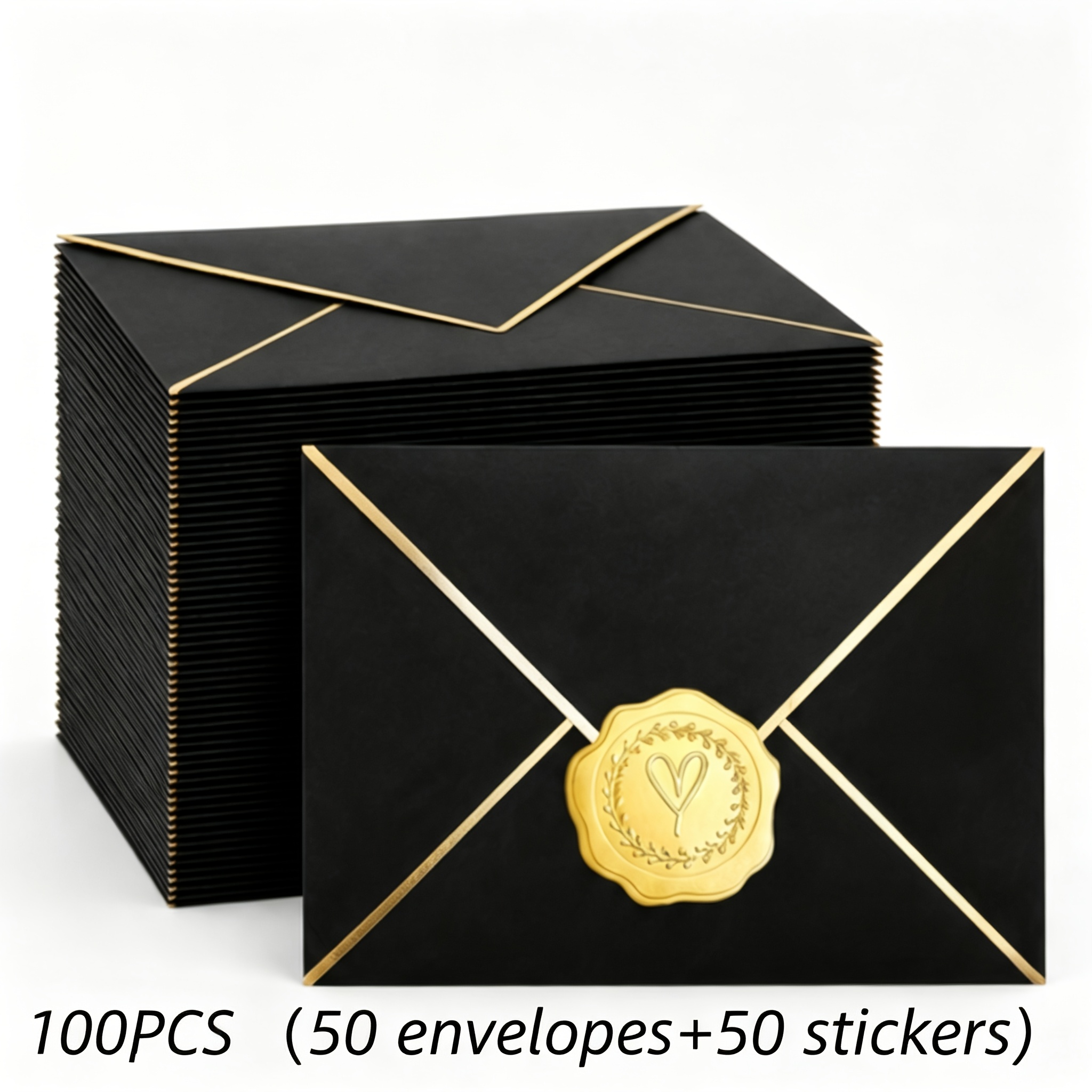 TEMU Lot de 100 enveloppes à bordure dorée avec autocollants, adaptées pour invitations, cartes de vœux, mariage, anniversaire, fournitures de fête -