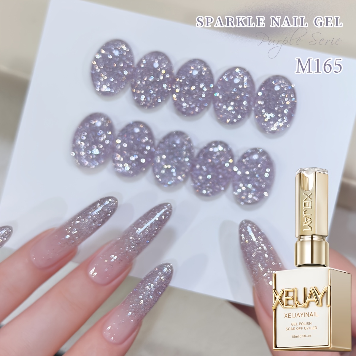 Xeijayi No.165 Gray Purple Reflective Shimmer Gel Nail Polish, Fine Glitter Nail Gel With And Glossy Finish For Diy Manicure And Nail Art