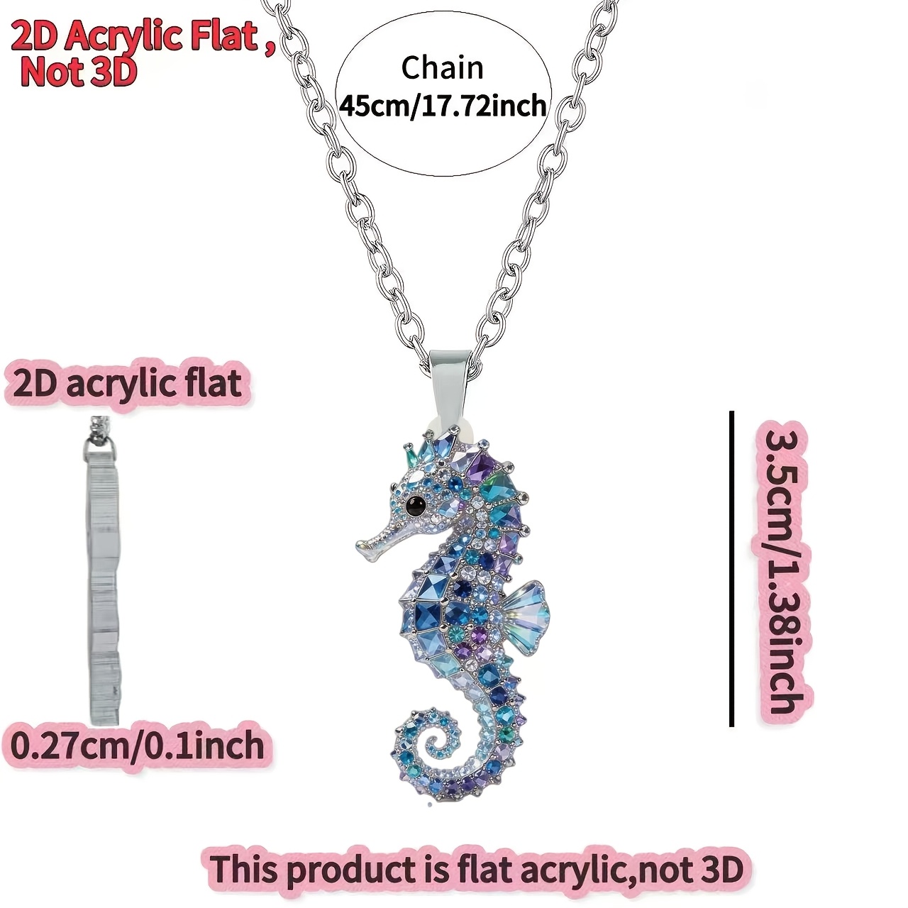 Image of 2d Flat]1pc, Acrylic And Women Necklace, Cute Seahorse Pendant Fashion Sweater Chain, Ideal Gift For Birthday Party