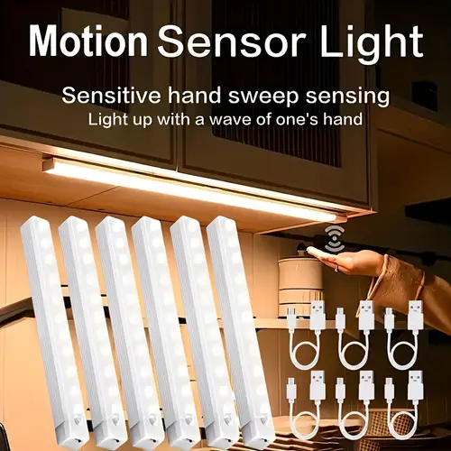 6pcs rechargeable led motion sensor cabinet light wireless cabinet lighting magnetic usb rechargeable cabinet light plastic material suitable for wardrobe cabinet bedroom kitchen lighting led sensing night light