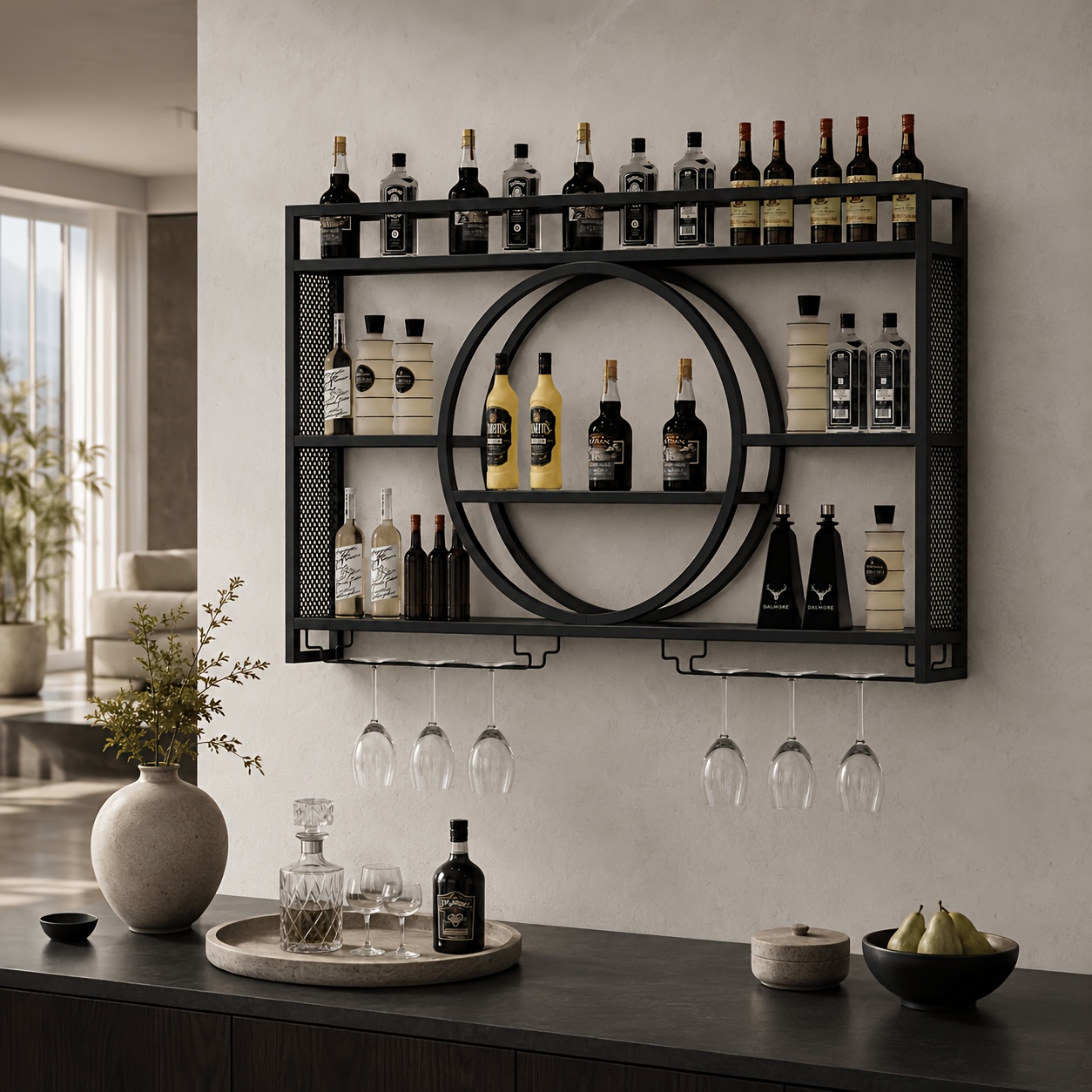 Image of 120cm Modern Wall Wine Rack Shelf, Minimalist Metal Liquor Display Storage Organizer, Floating Bar Cabinet Alternative For Living Room Apartment Decor, 3-tier Stemware Holder, Housewarming Gift