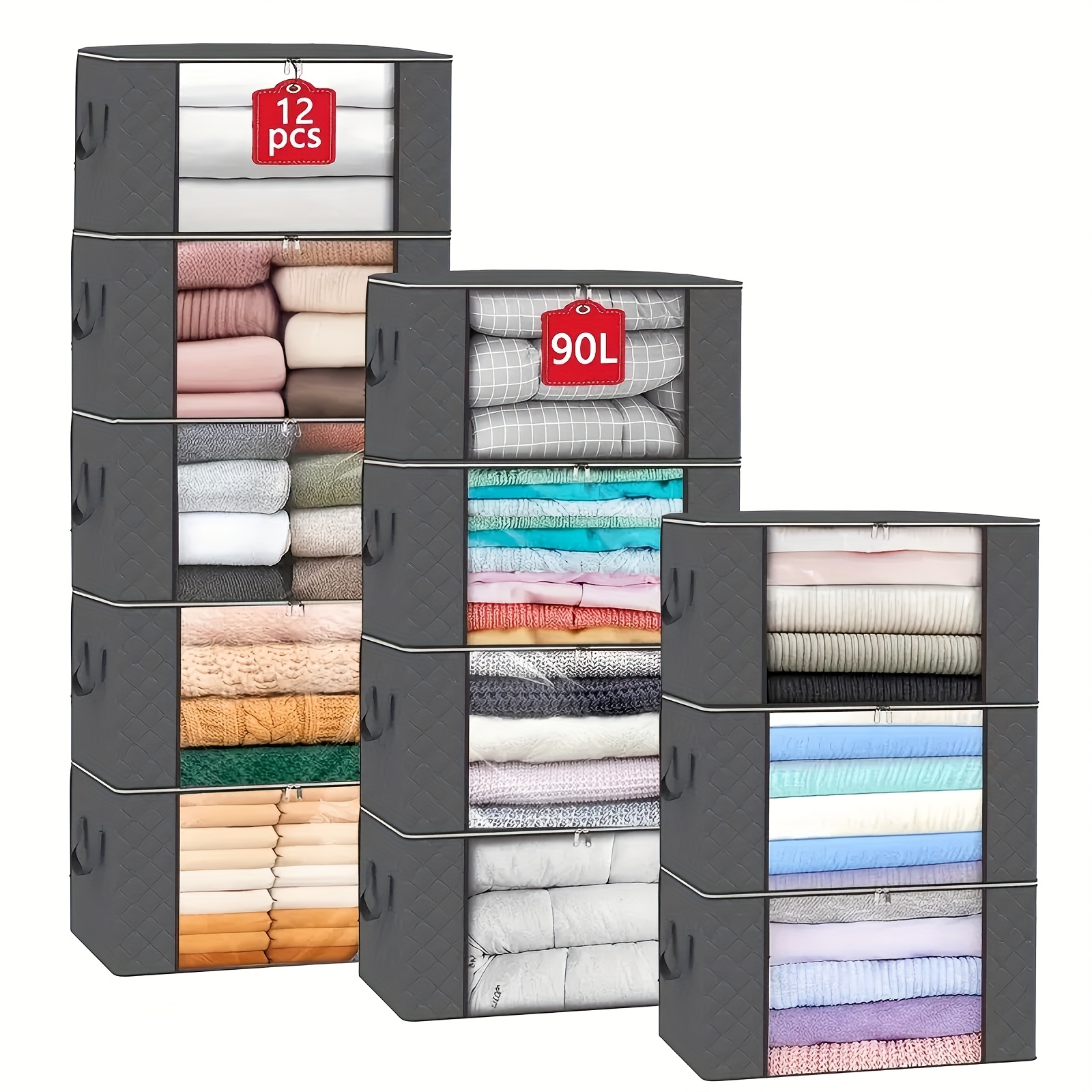 TEMU 12 Pack Grey Foldable Storage Bags For Blankets, Comforters & Clothes, Duty Fabric Organizers With Handles For Closet, Bedroom, Or , Under-bed