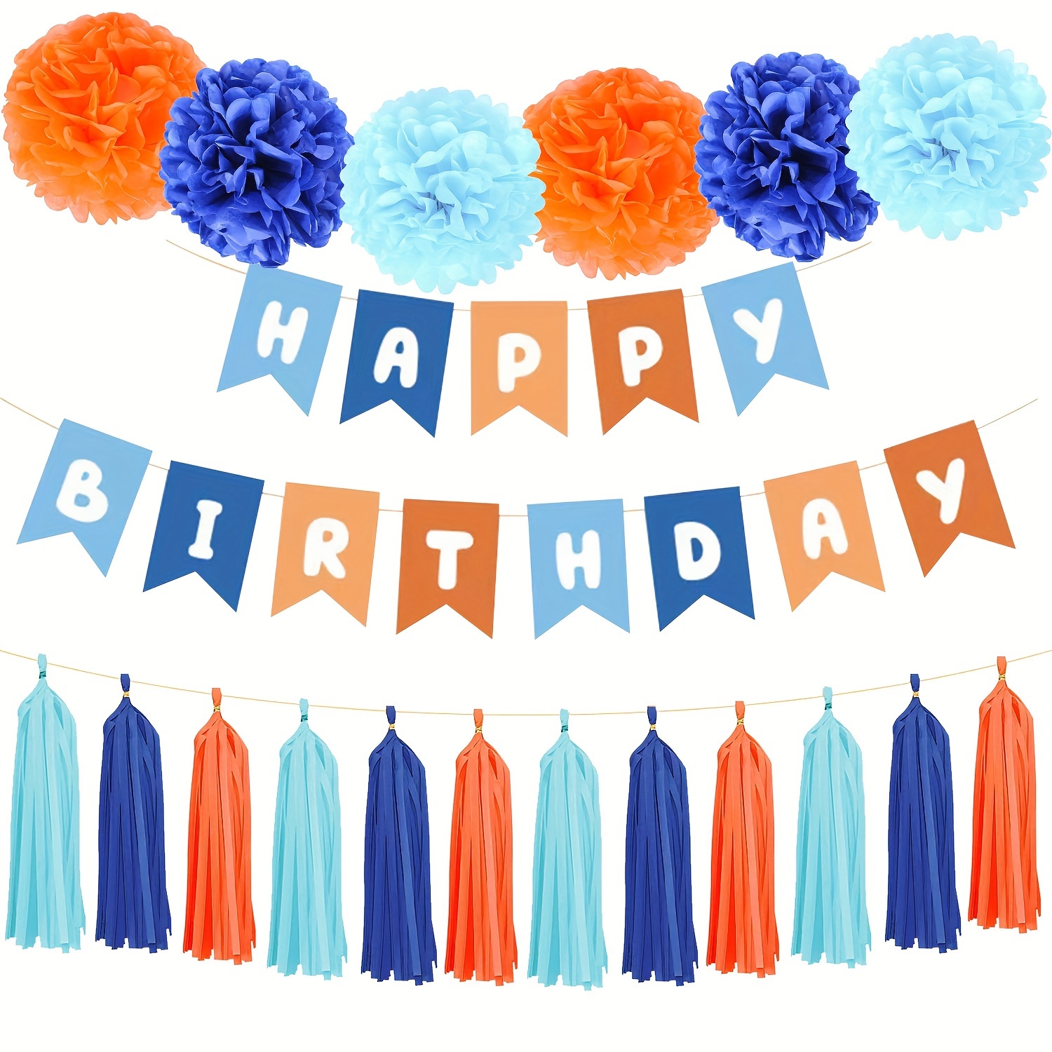Set Of Birthday Decorations In Orange, Blue, And Light Blue, Featuring A Happy Birthday Banner With A Blue Dog, Boho-style Tissue Paper Pom Poms, And Tassel Garlands For Festive Celebrations