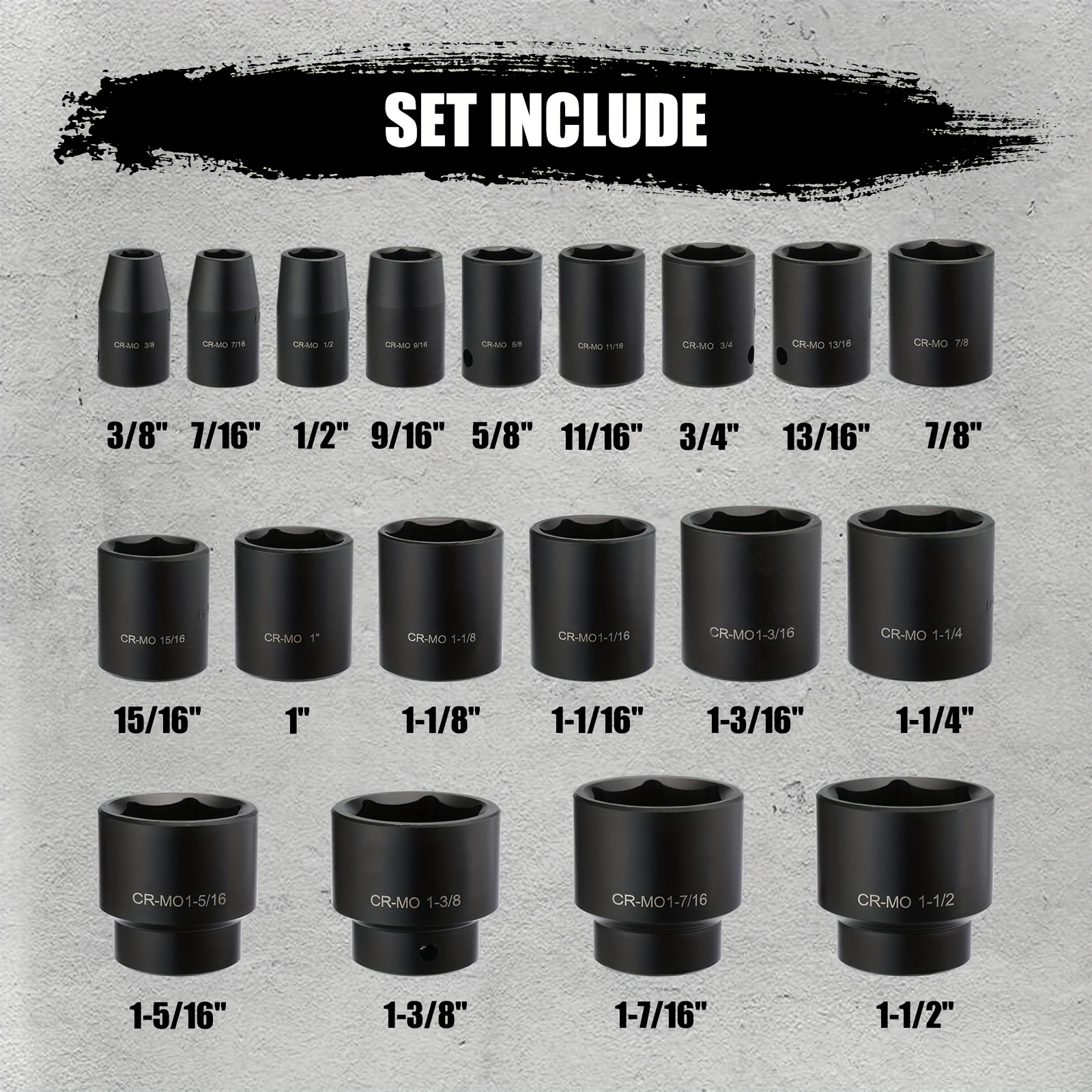 19pcs standard impact socket set with a 1 2 inch drive sae shallow ranging from 3 8 to   made of cr mo featuring a   corner design suitable for impact use perfect as a christmas gift for men