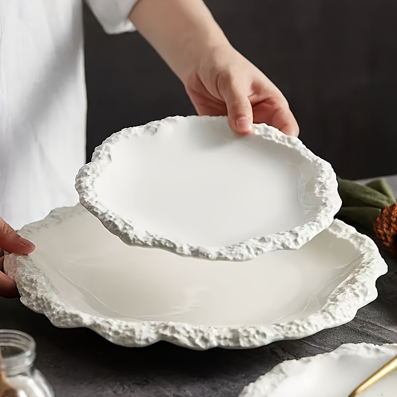 1pc of Shallow Plate with Rock Texture (30.48/25.4/20.32 cm) - Contemporary Minimalist Ceramic Dishware Featuring Rustic Edges for Dining at for home And in Hotels