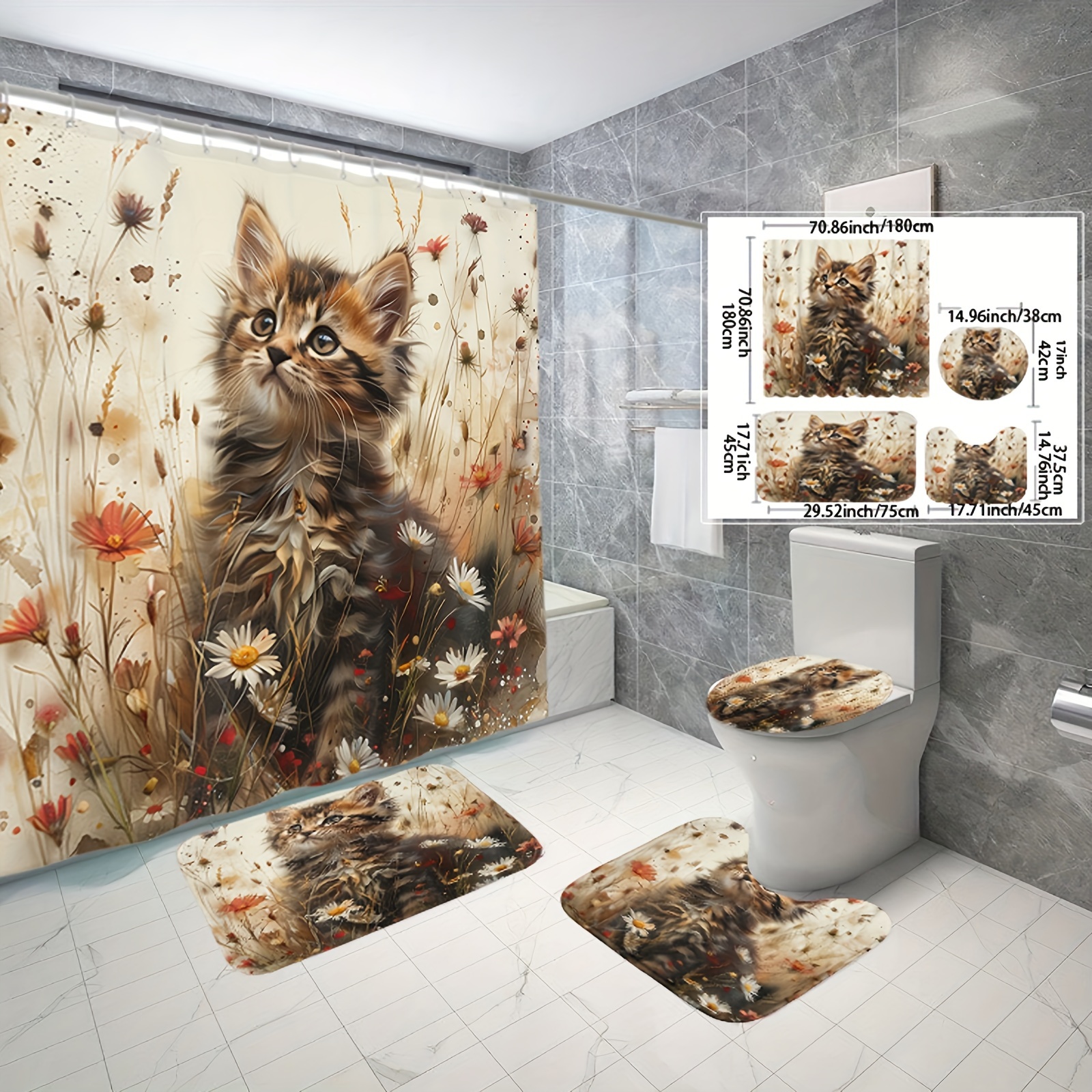 

1/3/4pcs Cat Pattern Shower Curtain, Waterproof Polyester Fabric, Shower Curtains For Walk-in Showers, With 12 Hooks, Bathroom Non-slip Mat, Toilet Seat Cover And U-shaped Mat