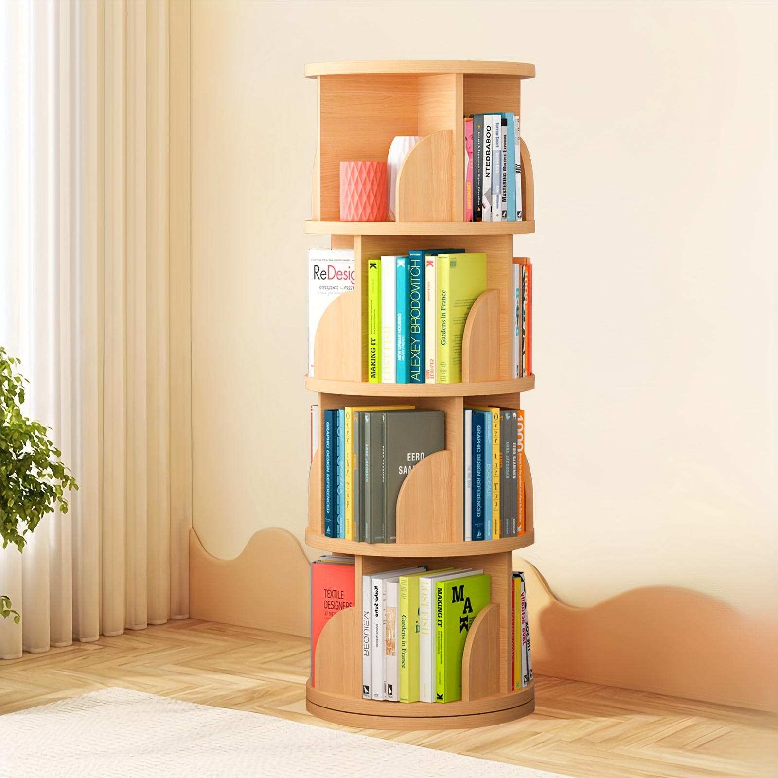 360° Rotating Wooden Book Tower, Spinning Bookshelf with 4/5 Tiers for Office, Living Room, And Room