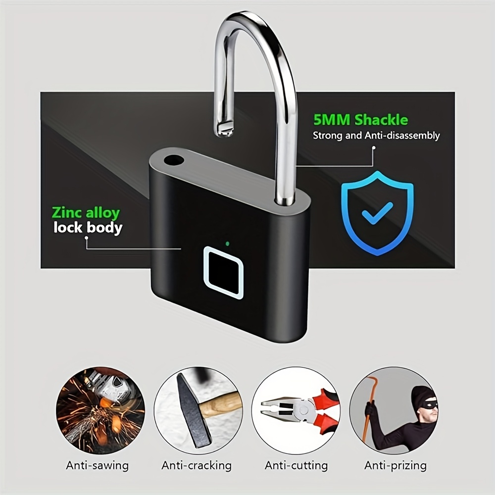 10-Huella digital Mini bloqueo inteligente de huella digital, recargable por USB, cerradura de seguridad de acero resistente a la corrosión, entrada sin llave antirrobo, ajuste universal para maletas de equipaje, negro