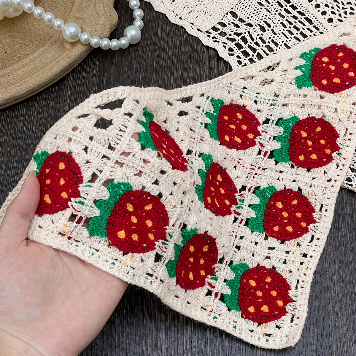 TEMU Bandeau bandana triangulaire fraise crocheté à , accessoire pour cheveux en dentelle, accessoire pour cheveux pour femme de style pastoral,