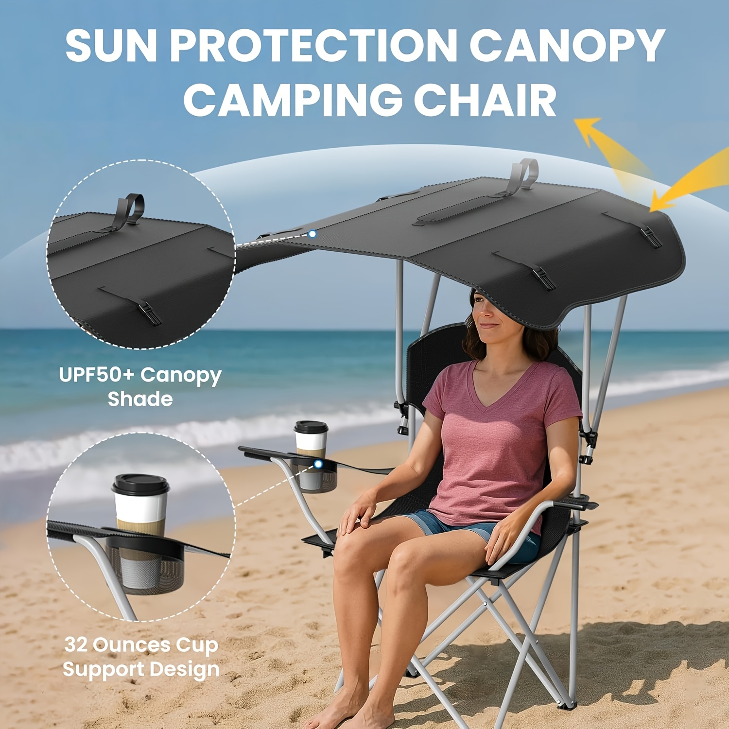 portable folding camping chair with canopy - lightweight oxford fabric outdoor beach chair, for fishing, picnics, and outdoor relaxation, camping chair, picnic essentials, foldable design, sturdy frame construction Product details 2