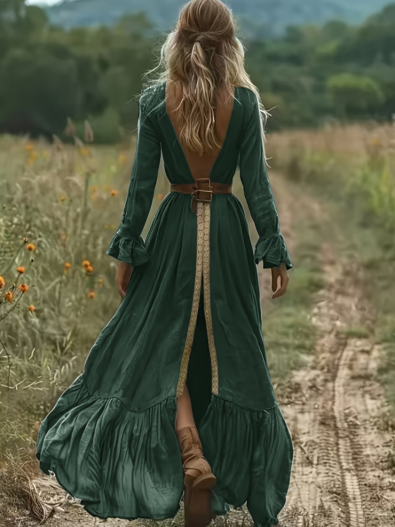 christmas style womens bohemian vintage square neck a line dress with   sleeves and open back slit long flowing solid color   wear elegant party and casual attire note item does not   requires separate matching