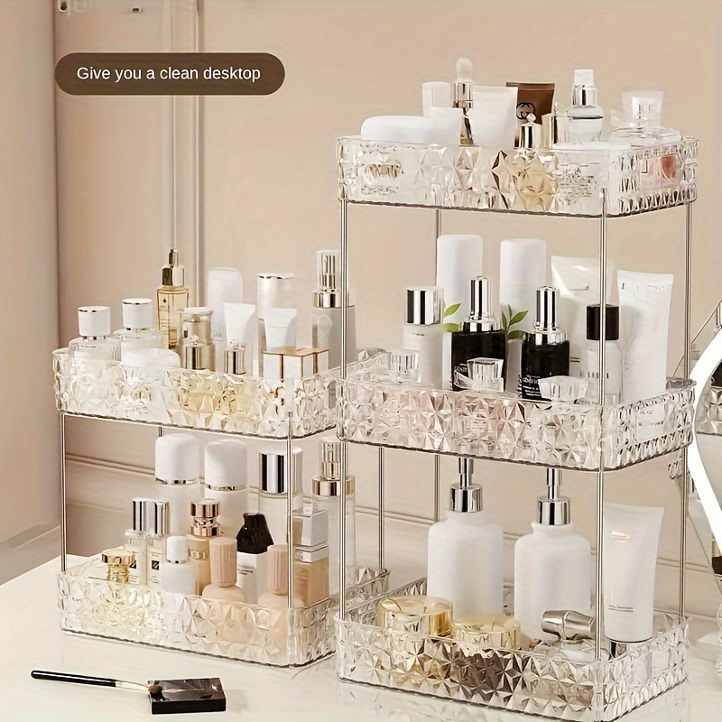 Estante de almacenamiento de cosméticos de escritorio, color oro rosa, 3  capas, organizador de maquillaje de baño, estantes de almacenamiento de