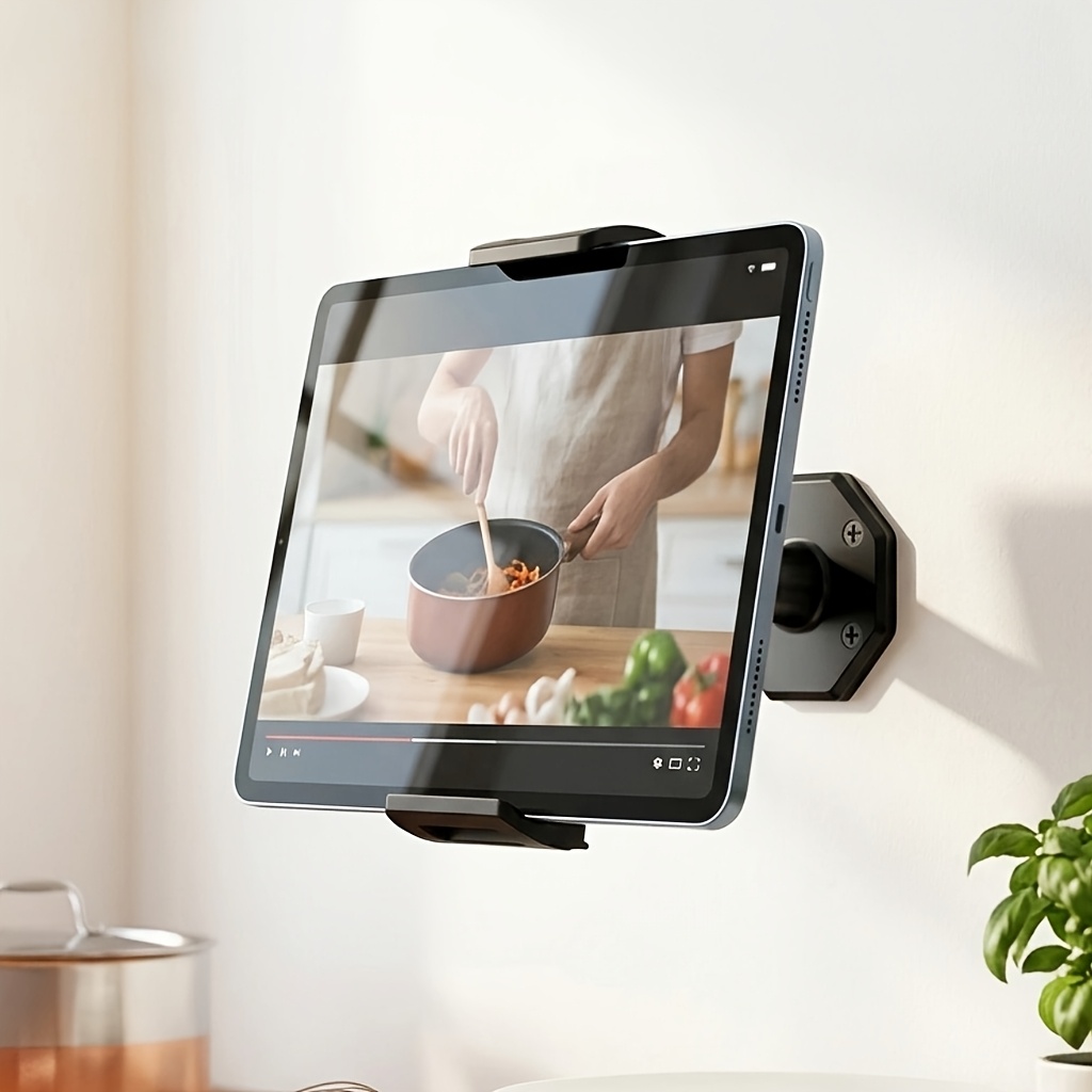 Image of Wall Mount Tablet And Phone Holder, Universal Adjustable Wall-mounted Stand For 4.7-12 Inch Devices, Tilt Viewing Design With Screw Installation, Ideal For Kitchen, Home, Office, And Gym