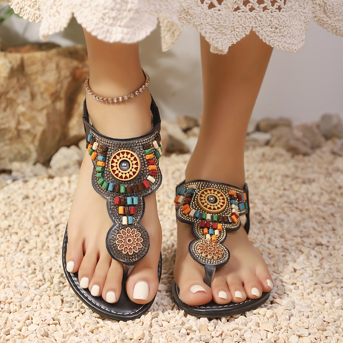 TEMU Nuevas sandalias de estilo bohemio vintage casual con blanda, zapatos de mujer