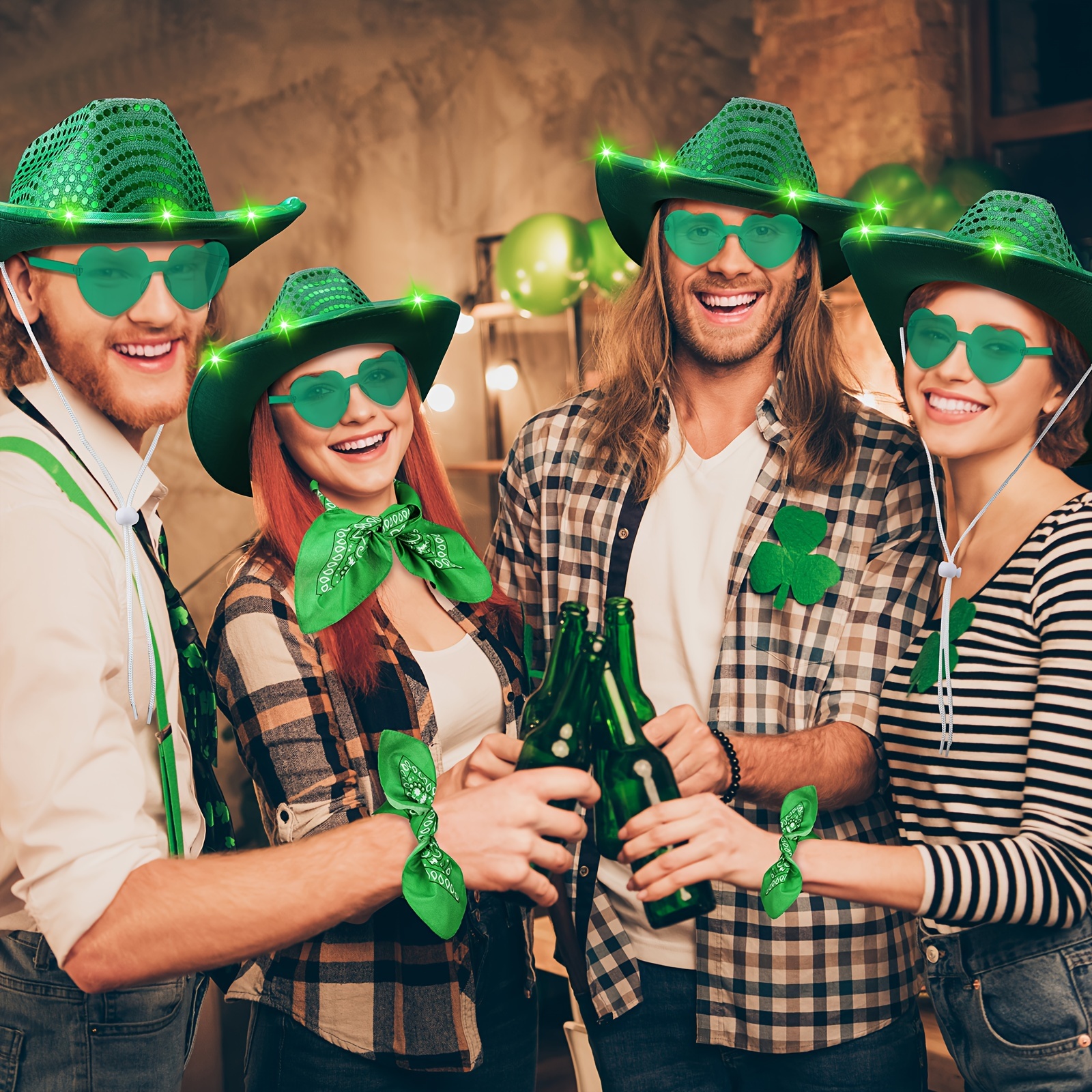 36 Pieces St Patrick's Cowgirl Hat Bulk Green LED Cowboy Costume  Accessories With Glasses Paisley Bandanna For Girls Women Birthday