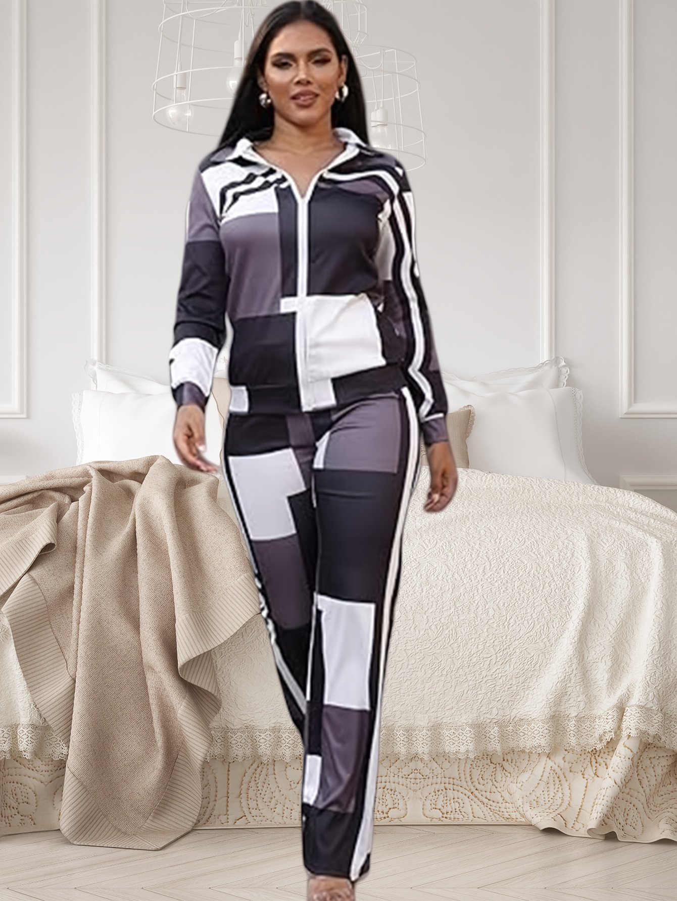 geometric two piece geometric print zip jacket pants outfit Temu