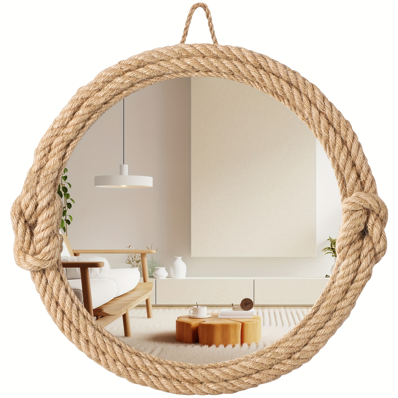 1pc Espejo Bohemio Retro - Marco Circular de Cuerda con Vidrio Pulido, Decoración para...