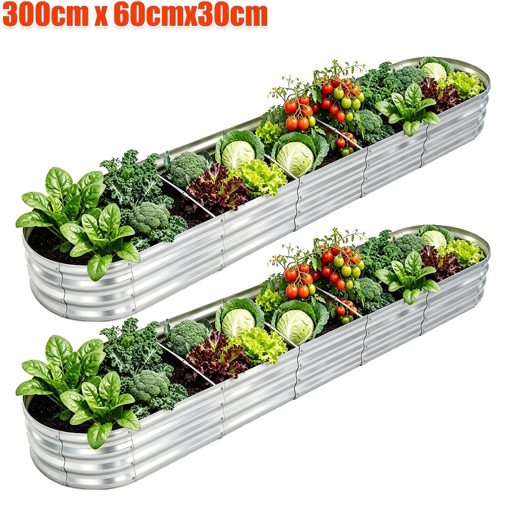 Image of 2pcs Galvanized Raised Garden Bed Kit, Silvery 10x2x1ft Galvanized Planter Garden Boxes Outdoor, Large Steel Raised Planter Bed, Oval Large Metal For Vegetables & Flowers Patio Ground Planter Box