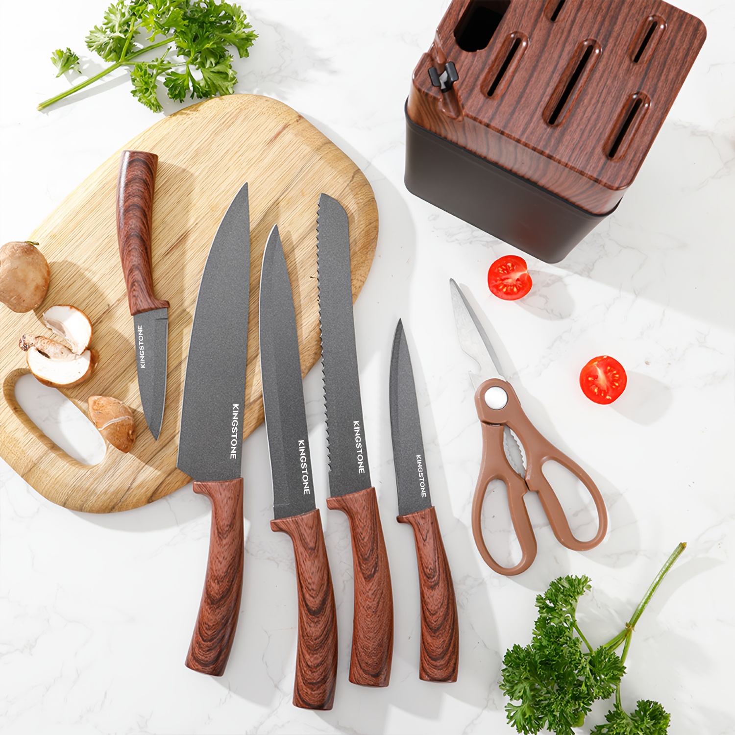 7pcs Kitchen Knife Set with Knife Rack, Chef'S Knife, Bread Knife, Replaceable Blade Knife, Multi-Purpose Knife, Fruit Knife And Kitchen Scissors. Multi-Purpose Cooking Kitchen Knife Set, Suitable for Home, Kitchen And Cooking