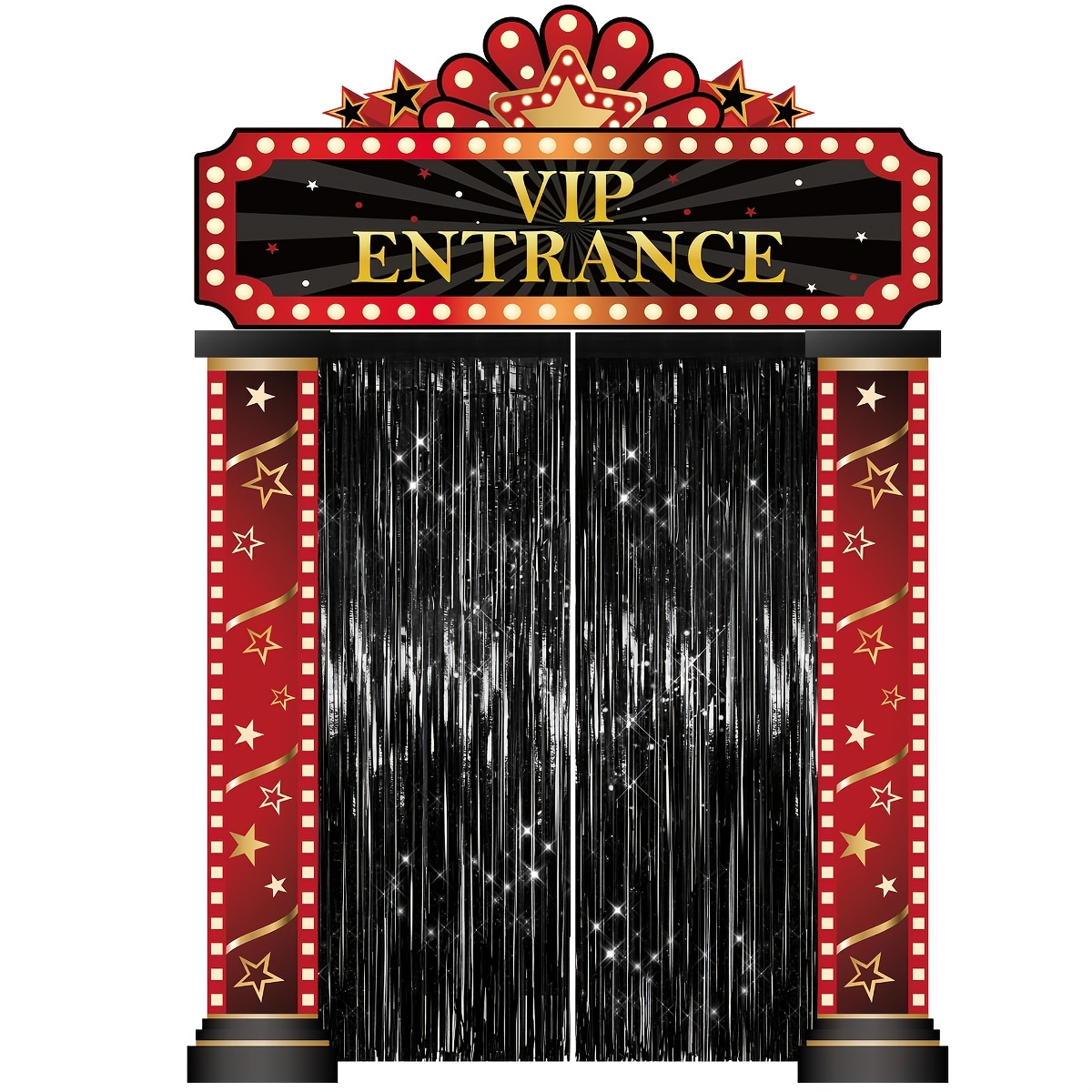 Image of 1 Set/10pcs Party Movie Night Decors Supplies, 1 Vip Entrance Banner, 2 Side Door Signs, 2 Black Foil Fringes, 4 String And 1 Adhesive Dot, For Movie Theme Theater Birthday Party Backdrop Decors