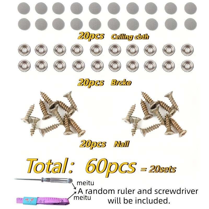 TEMU 60pcs 20-set Car Roof Liner Clips + 1 Screwdriver And Ruler, Car Roof Repair Kit, Screw Fastener, , No Glue Required, Reinforced With Nylon
