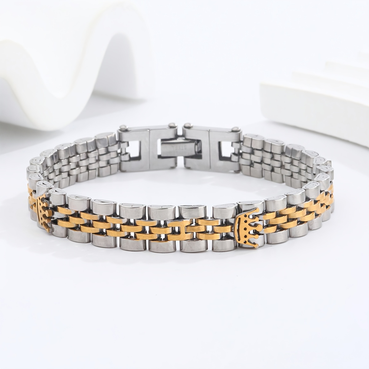 TEMU Single-piece Set, New -golden 316l Stainless Steel Five-bead Bracelet With A Fashionable Three-crown . A Stylish And Minimalist Men's Bracelet,