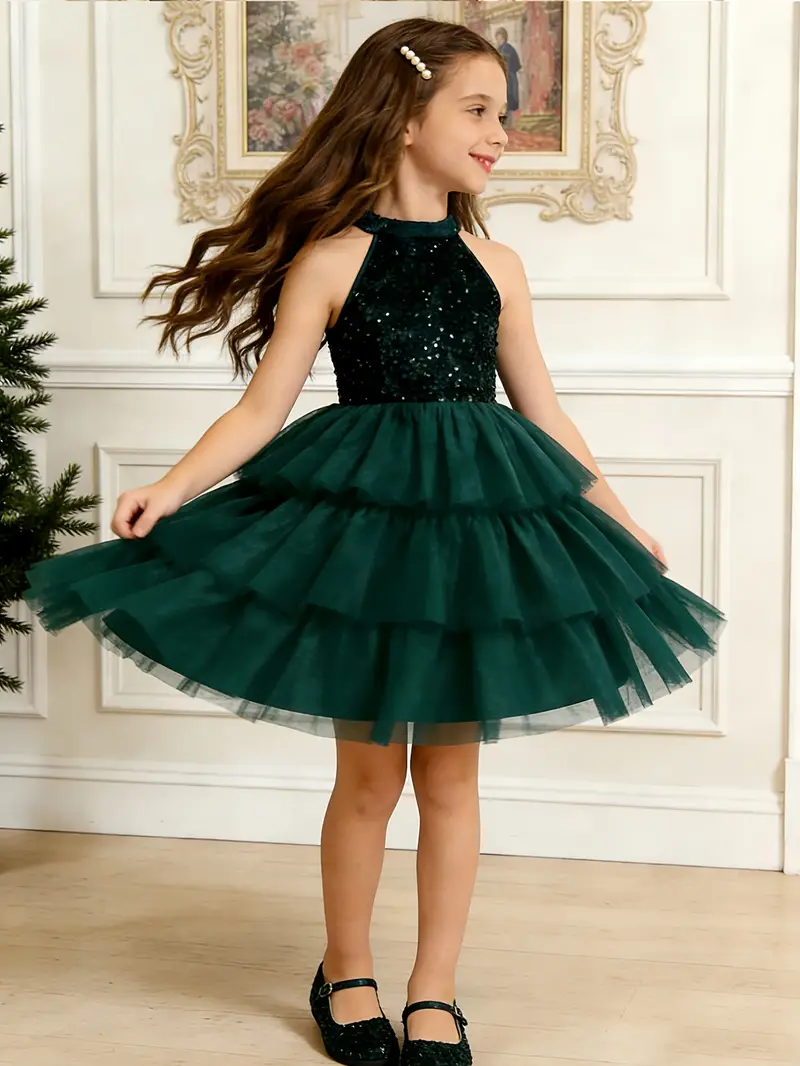 Girls' Elegant Sequined Sleeveless Summer Halter Dress, Dark Green Dress * Tulle Dress for Girls, Flowing Skirt, Suitable for Festivals, Evening Parties, Banquets, Daily Wear * Birthday Gifts, ... Girls' Elegant Sequined Sleeveless Summer Halter Dress, Dark Green Dress * Tulle Dress for Girls, Flowing Skirt, Suitable for Festivals, Evening Parties, Banquets, Daily Wear * Birthday Gifts, ...