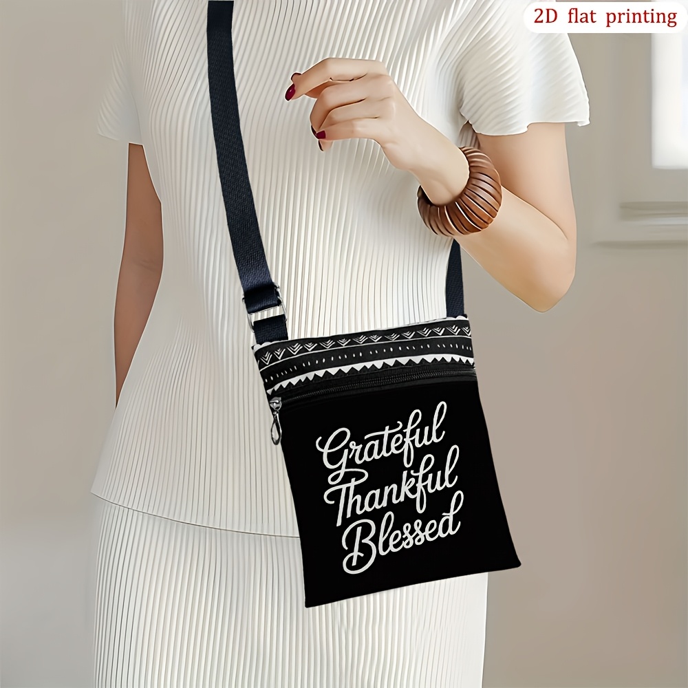 TEMU 1pc [2d Flat Printing] Grateful Thankful Blessed Crossbody Bag Daily Use, Vibrant Patterns Durable Portable Small Gift Bags Gift For Bachelor