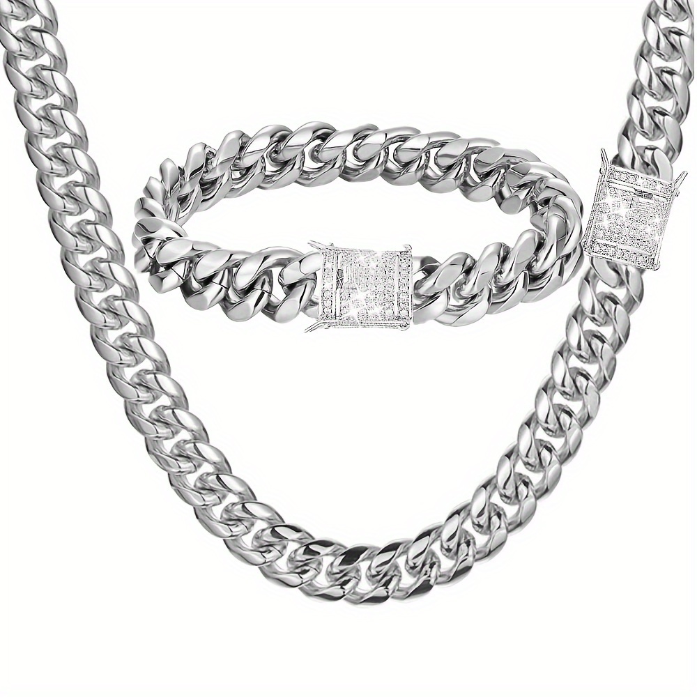 

2pcs Men's 18k White Gold Plated Hip Hop Jewelry Set, 12mm Stainless Steel Cubic Zirconia Cuban Necklace Bracelet