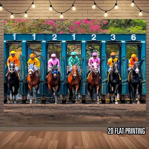 2d flat 1pc kentucky backdrop banner horses track scene with numbered gates indoor decoration for derby parties equestrian events home decor durable with easy to hang racing theme wall decorations 2d flat