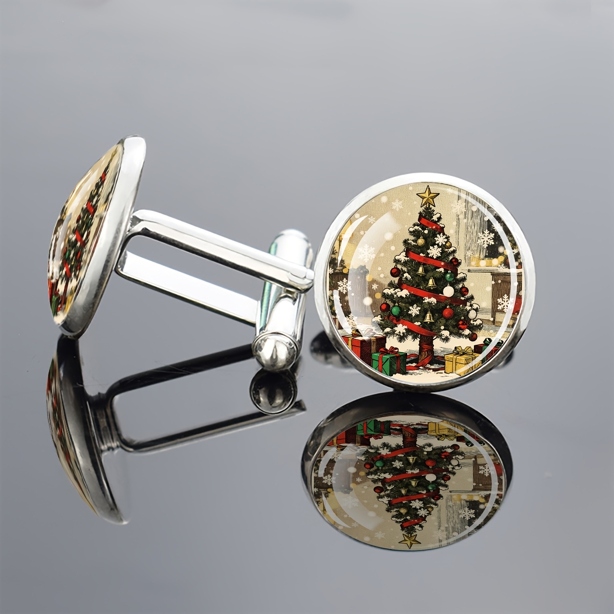 TEMU 1 Pair Cufflinks Glass Inlay Christmas Tree Holiday Gift Decorative Men's Formal Wear Additions Elegant Design For Festive Occasions