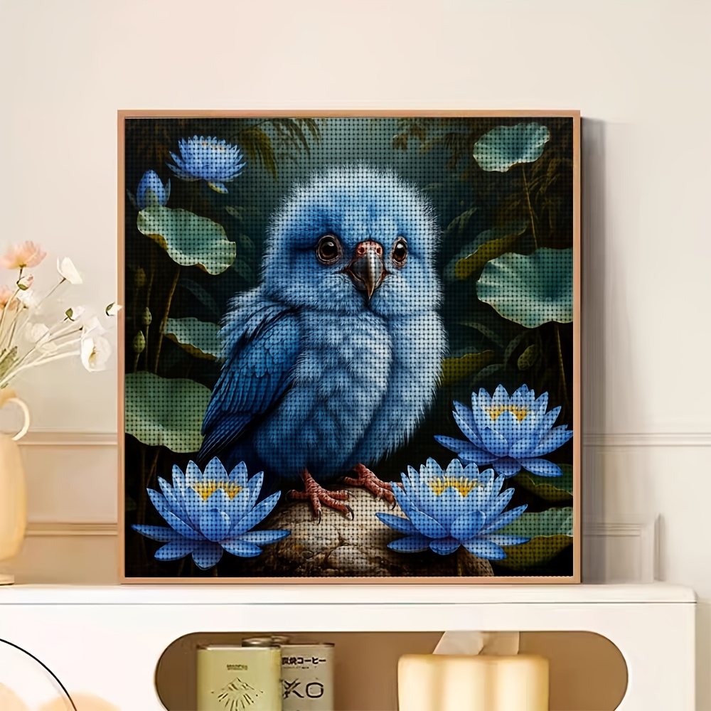 Frameless Cross-Stitch Printed Kit 'Bluebird Standing on Lotus Stone'