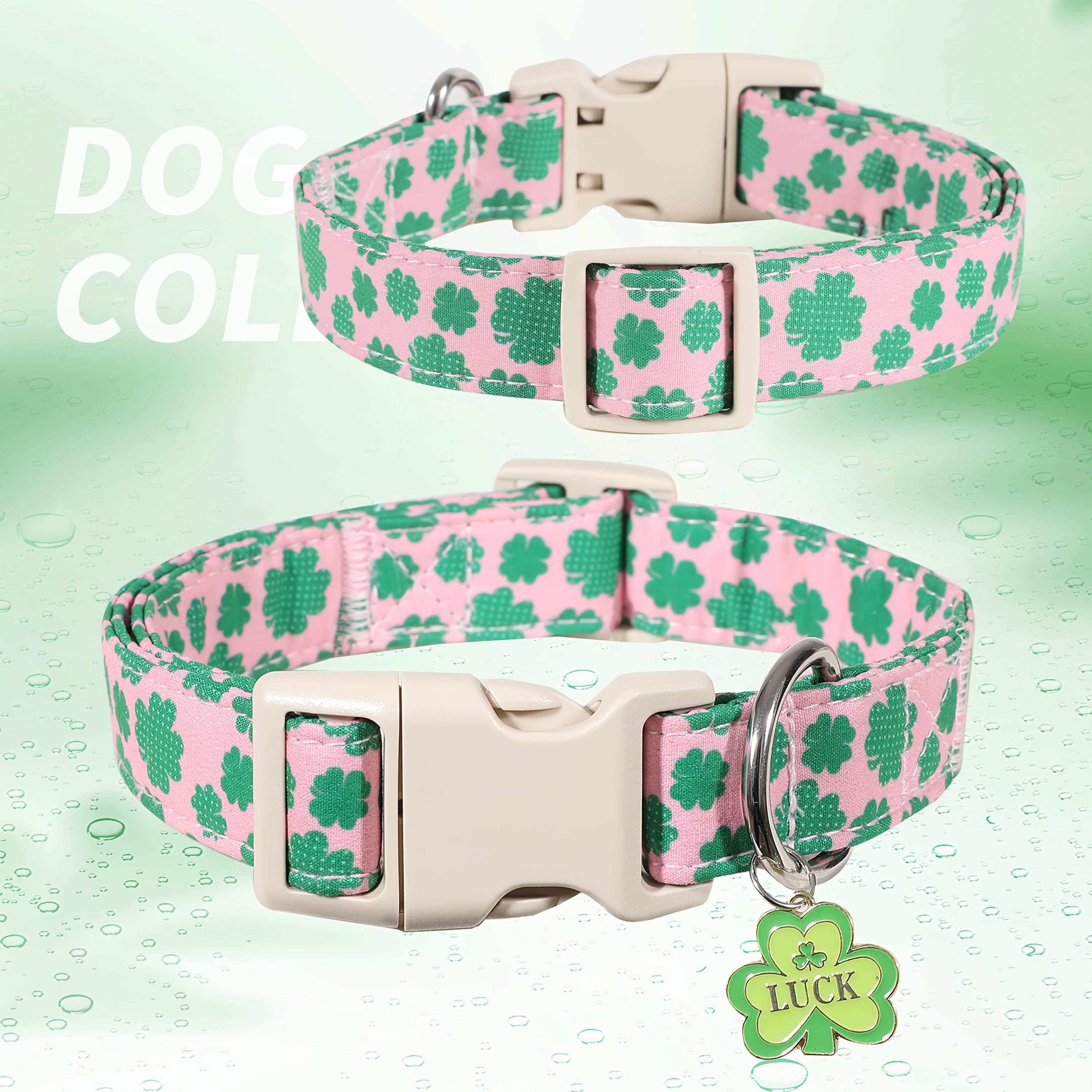 

's Day Dog Collar With Clover Pattern And Charm Pendant, Polyester, For Small To Medium Pets, Fashionable Indoor/outdoor Accessory With